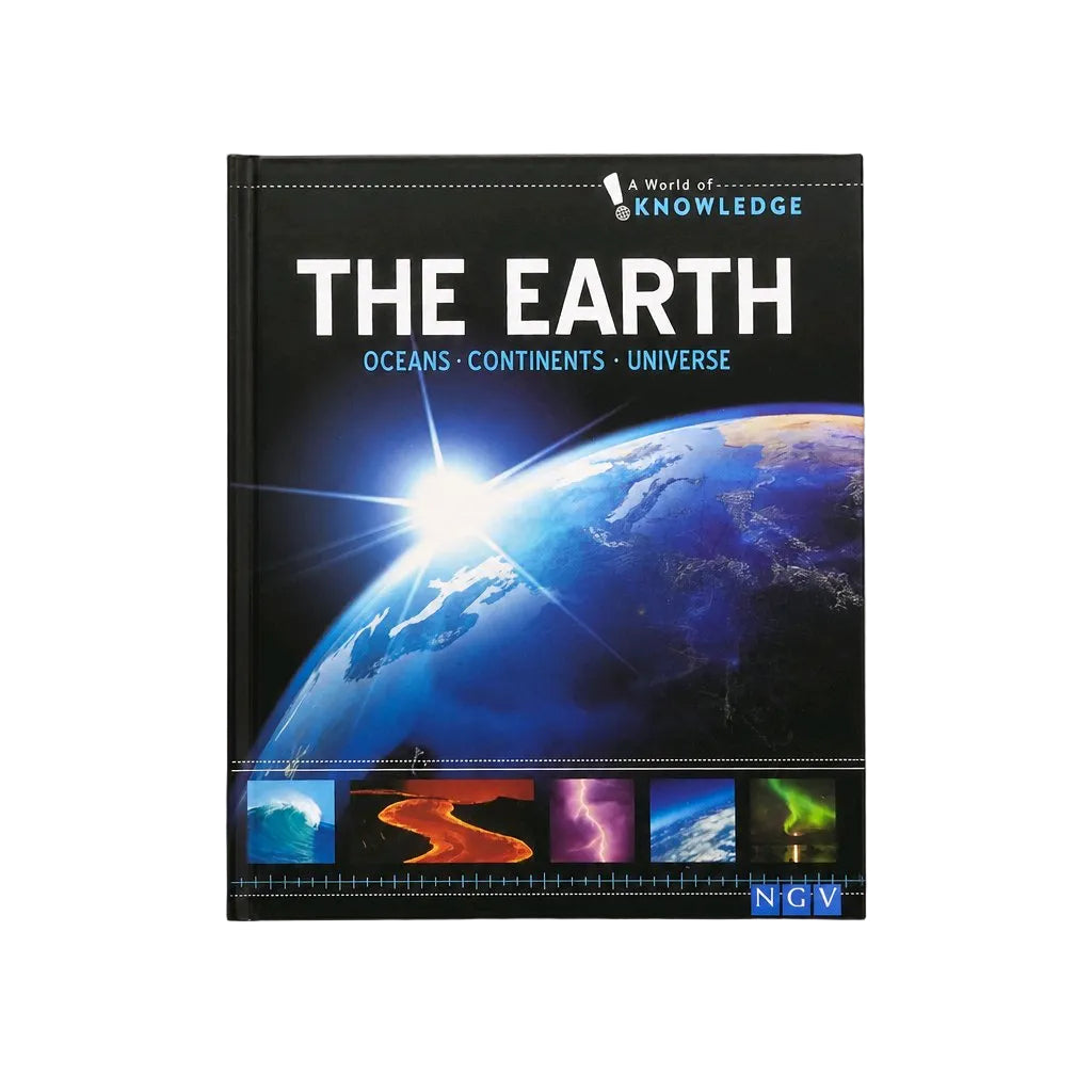A hardcover children's science book titled 'THE EARTH' from the 'A World of Knowledge' series, featuring a cover illustration of Earth with the sun shining from the edge, set against a neutral light gray background.