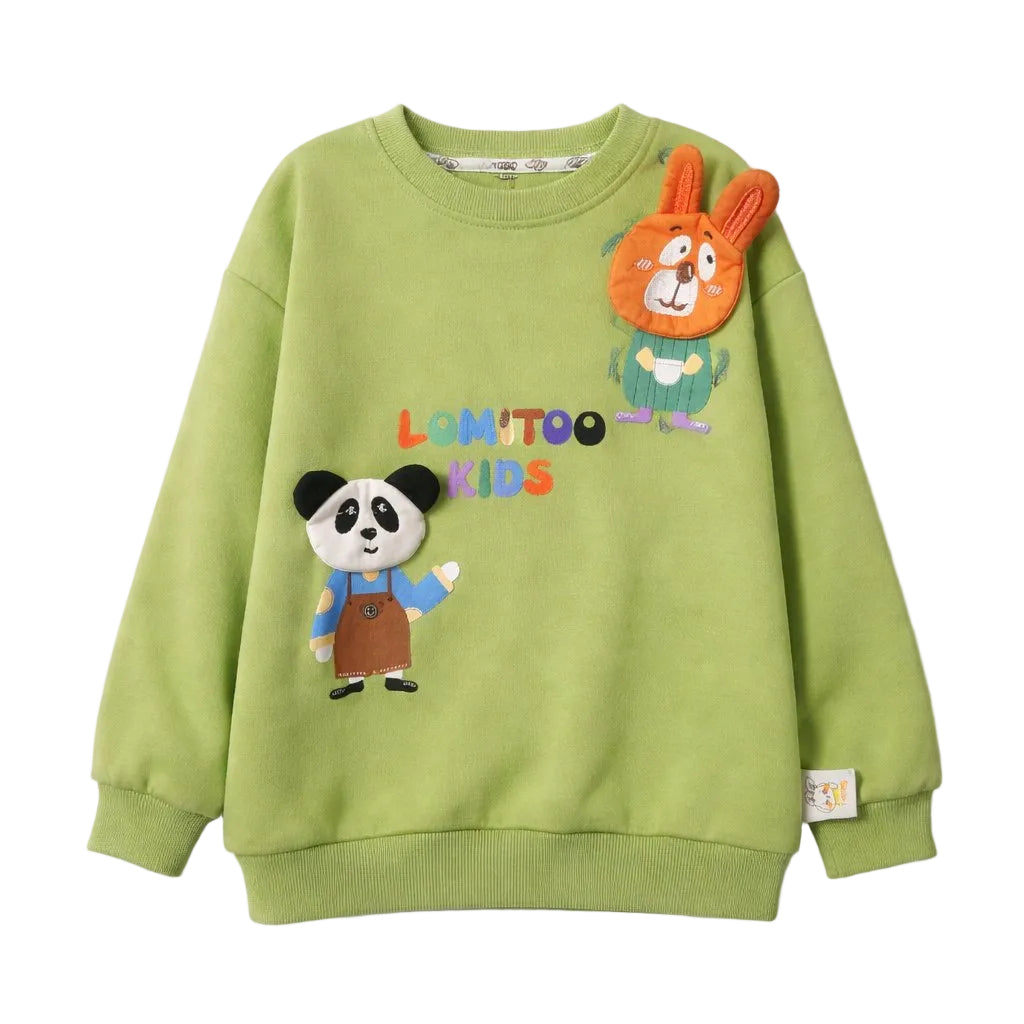 Green children's sweatshirt with cartoon characters and 'LOMITOOKIDS' text on a white background