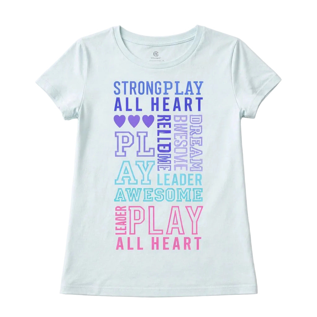 Light blue t-shirt with motivational text in various colors on a white background