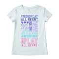 Light blue t-shirt with motivational text in various colors on a white background
