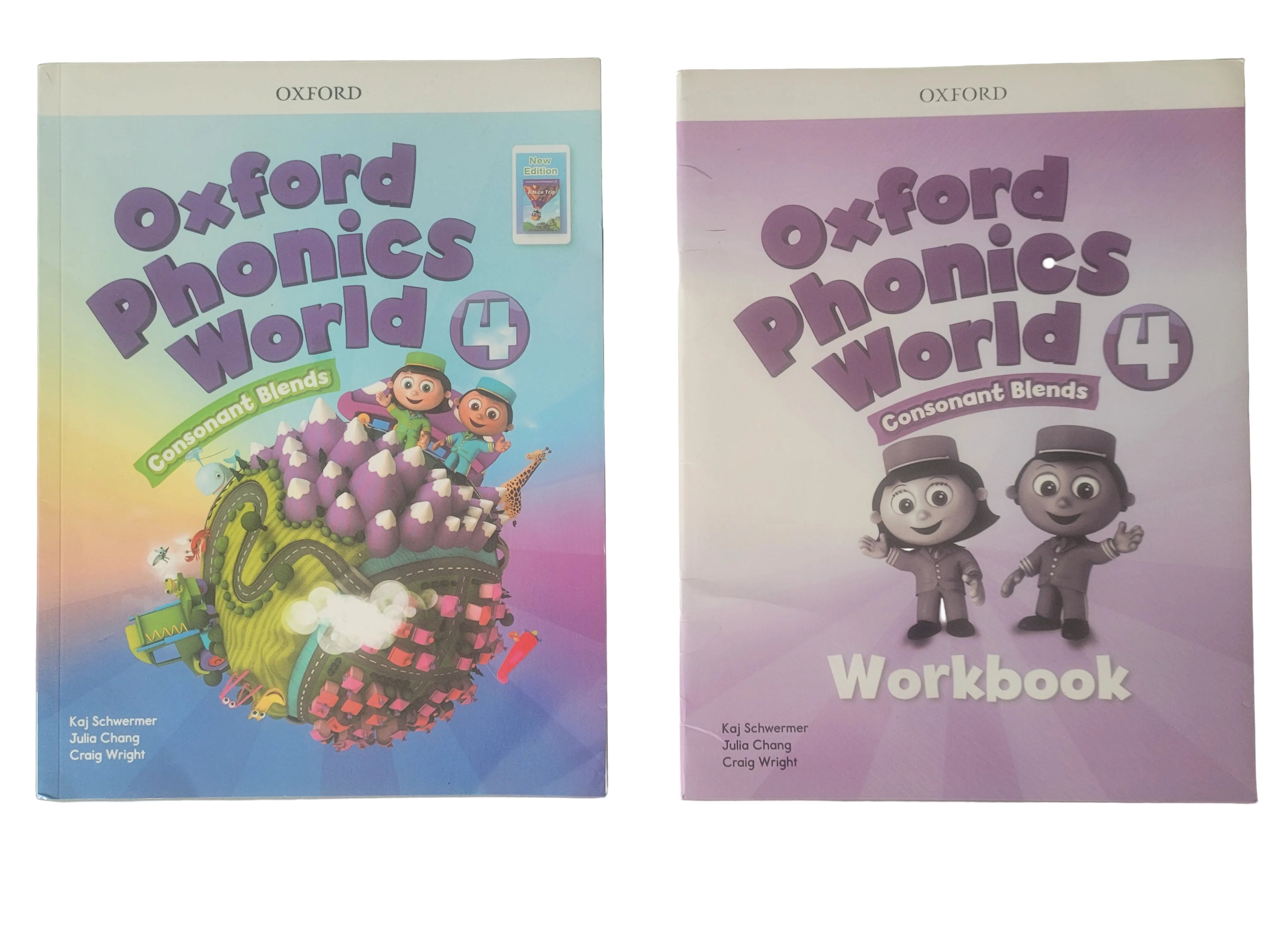 Two 'Oxford Phonics World' books on a gray background