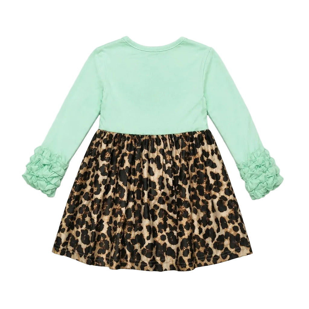 A girls' long-sleeve dress shown from the back, featuring a solid mint green top and a leopard-print skirt with ruffled cuffs in mint green.