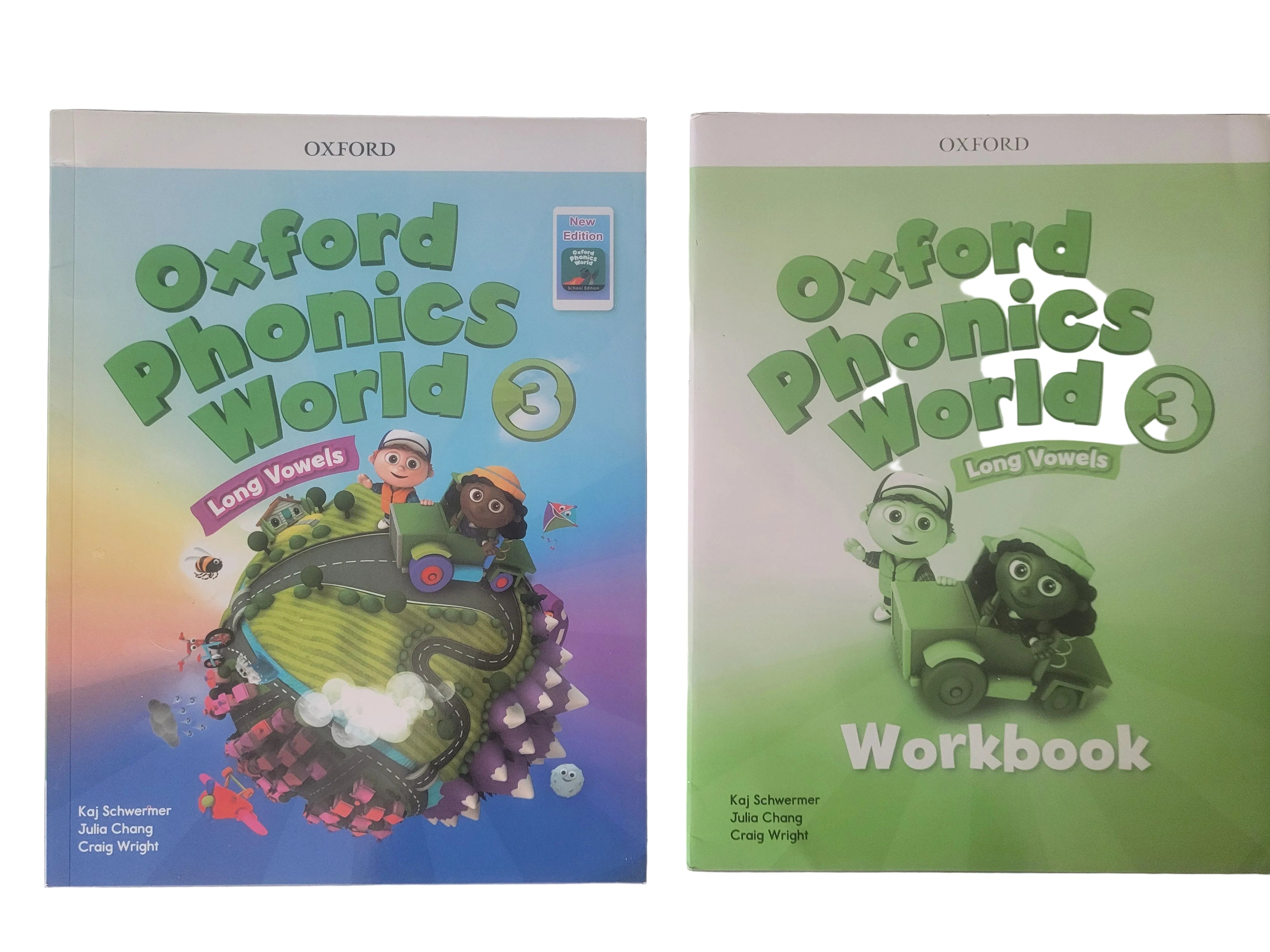 Two 'Oxford Phonics World 3' books on a gray background
