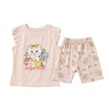 Children's outfit with pink top and shorts featuring Angel Kitty design on a gray background