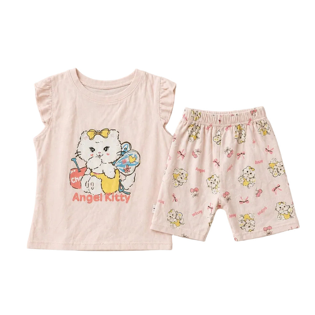 Children's outfit with pink top and shorts featuring Angel Kitty design on a gray background