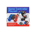 A boxed toy set labeled 'Game Controller Playset' on a light gray background. The package shows assembled toy controller and robot figures in blue, red, black, and white, with text noting that the controller splits and the robot recombines to unlock 4 unique forms in total.