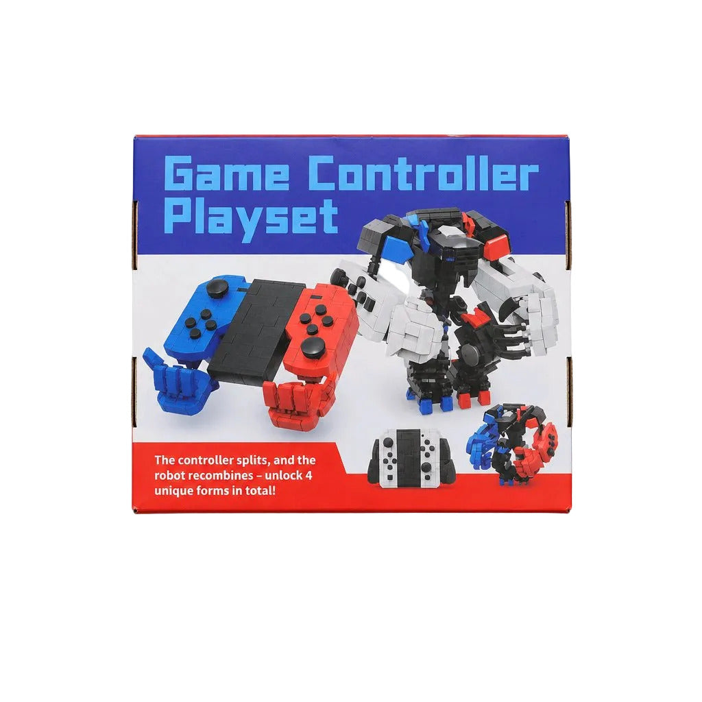 A boxed toy set labeled 'Game Controller Playset' on a light gray background. The package shows assembled toy controller and robot figures in blue, red, black, and white, with text noting that the controller splits and the robot recombines to unlock 4 unique forms in total.