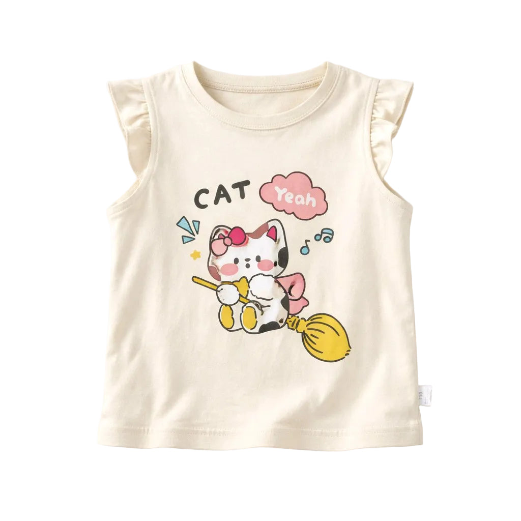 Beige sleeveless shirt with cartoon cat design on a white background