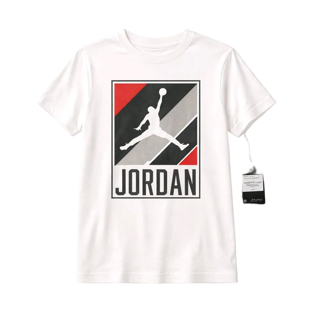White t-shirt with Jordan logo on a white background