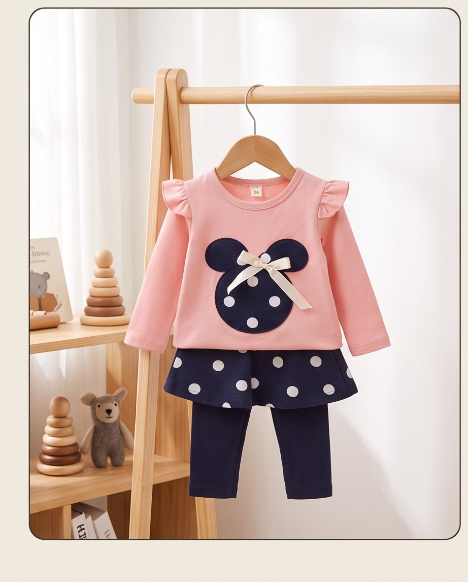 A toddler girl's two-piece outfit hanging on a wooden hanger. The set includes a light pink long-sleeve top with ruffled shoulders and a navy blue applique of mouse ears with white polka dots and a cream bow, paired with a matching navy blue ruffled skirt and navy blue leggings with white polka dots.