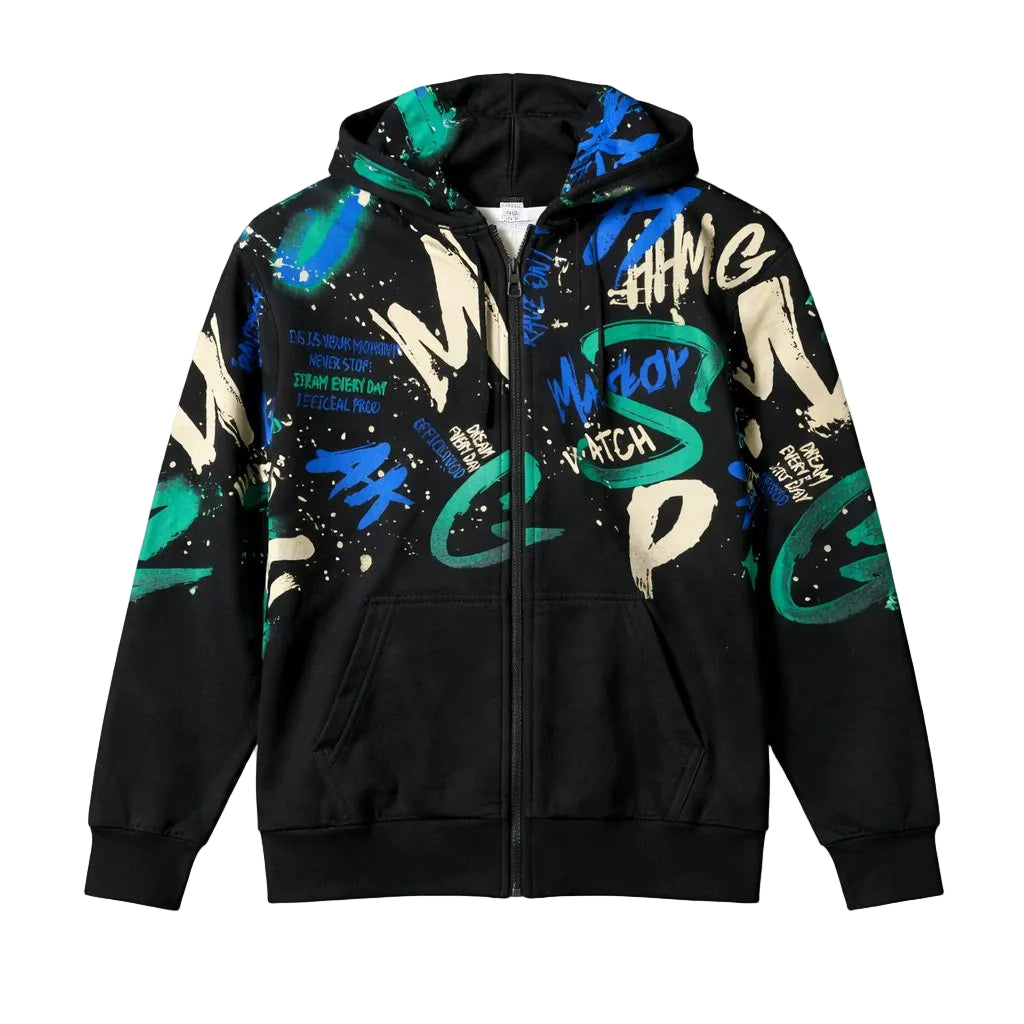 Black hoodie with colorful graffiti-style text and designs on a white background
