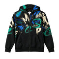 Black hoodie with colorful graffiti-style text and designs on a white background