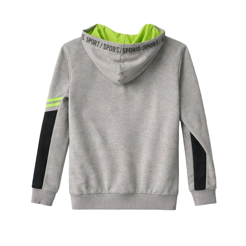 Gray hoodie with black and green accents on a white background