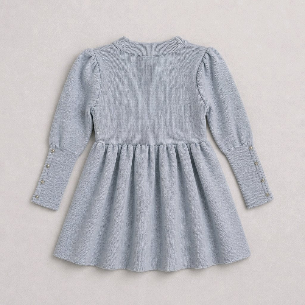 A light blue knit long-sleeve dress for toddlers, shown from the back against a neutral light beige background.