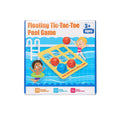 The product packaging box for the 'Floating Tic-Tac-Toe Pool Game' is shown against a neutral light gray background. The box features a colorful illustration of children playing with the game in a swimming pool, including a yellow floating board with basketballs and a child in an inflatable ring.