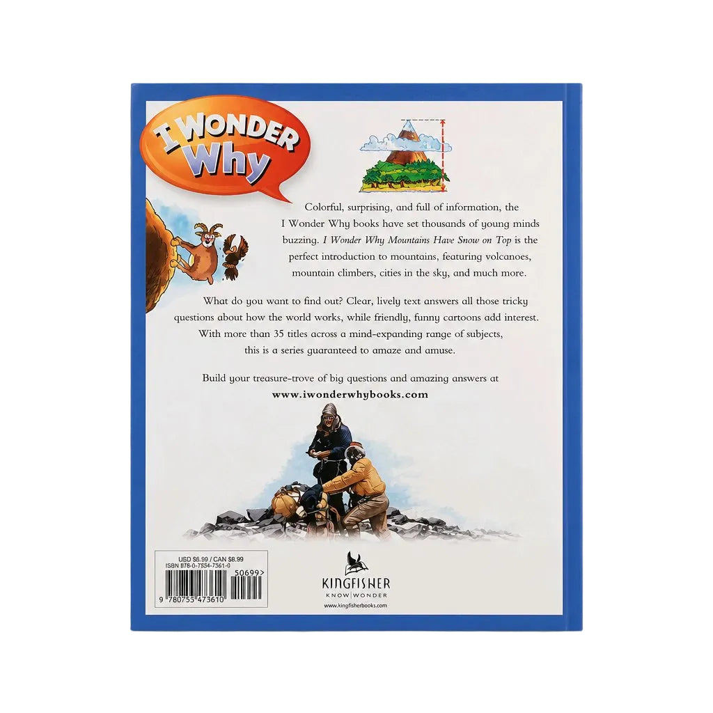 The back cover of the children's book 'I Wonder Why' by Kingfisher, featuring a white background with a blue border, colorful cartoon illustrations, and descriptive text.