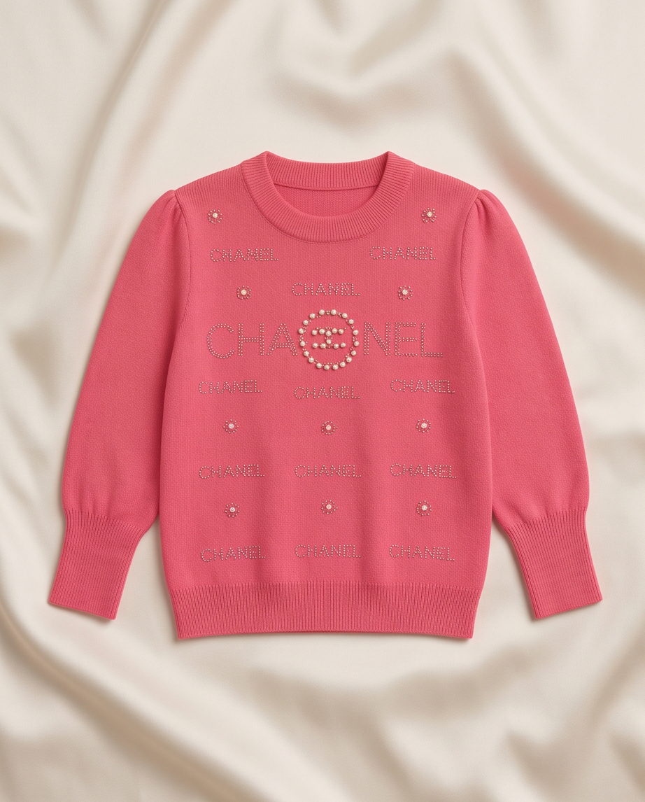 A pink knit sweater with 'CHANEL' text and rhinestone logo details, laid flat on a beige satin fabric background.