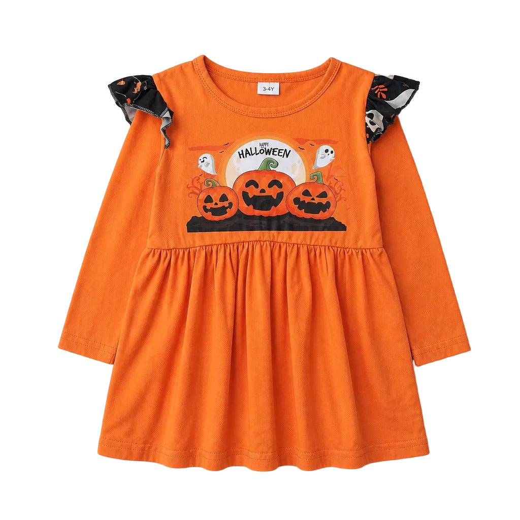 Orange Halloween-themed dress with pumpkins and ghosts on a light gray background