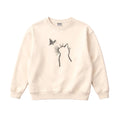 Beige sweatshirt with a black cat and butterfly design on a light gray background