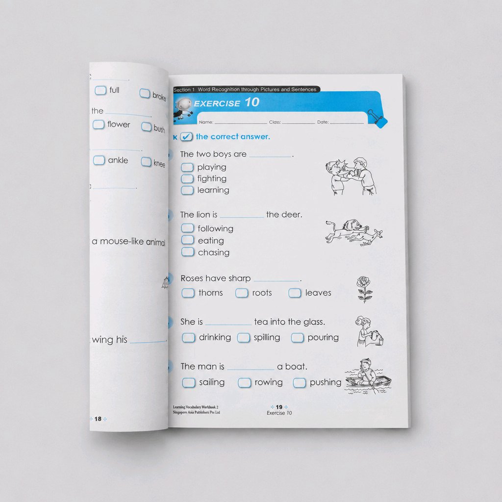 An open children's word geography workbook showing Exercise 10 with multiple-choice sentences and small illustrations on a light gray background.