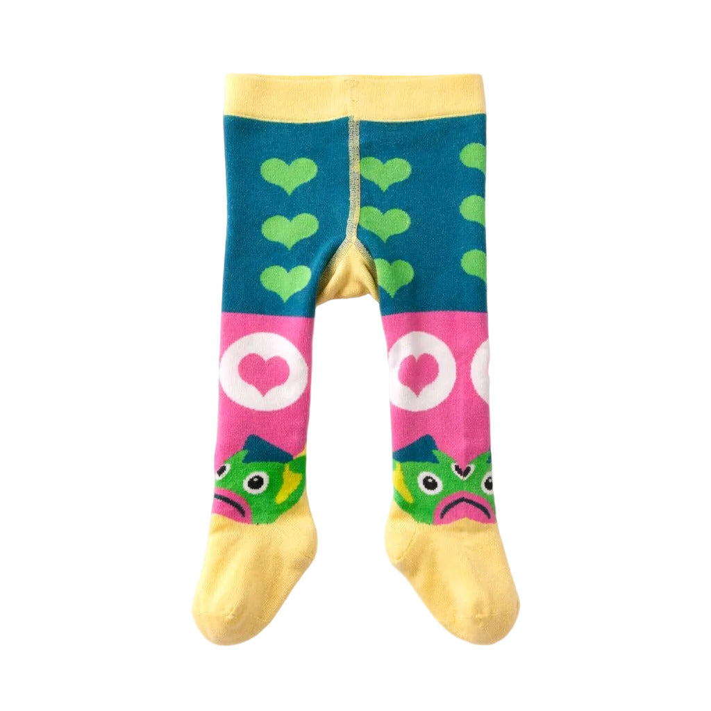 Colorful children's tights with heart patterns and frog designs on a white background