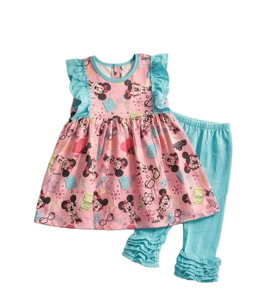 Children's outfit set with pink dress, blue leggings, shoes, and headband on a white floor.