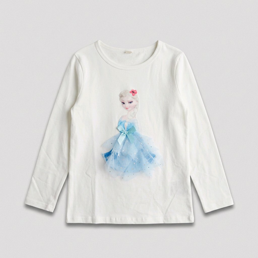 A white long-sleeve crewneck t-shirt featuring a watercolor-style graphic of a princess in a light blue dress on the front, displayed against a neutral light gray background.