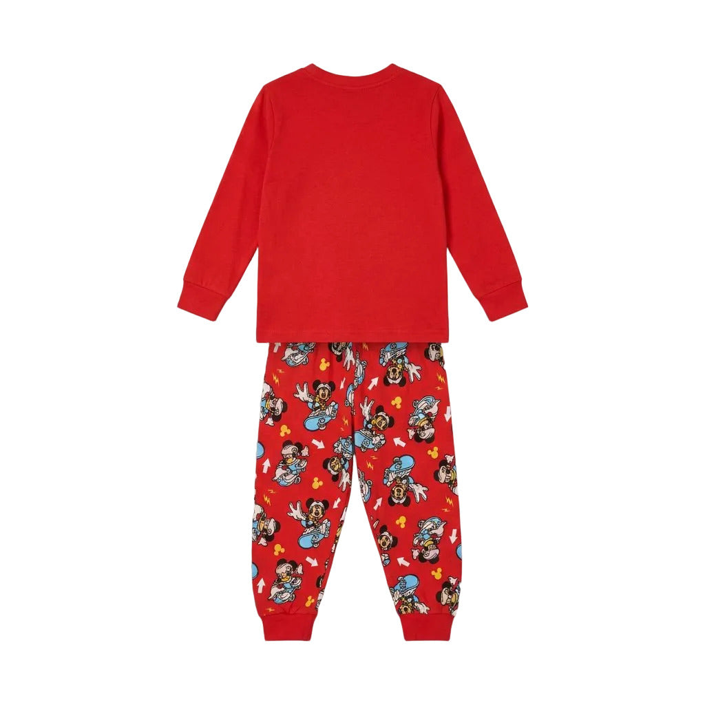 Red children's pajama set with cartoon character design on pants, back view.