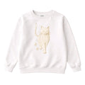 White sweatshirt with a cat design on a white background