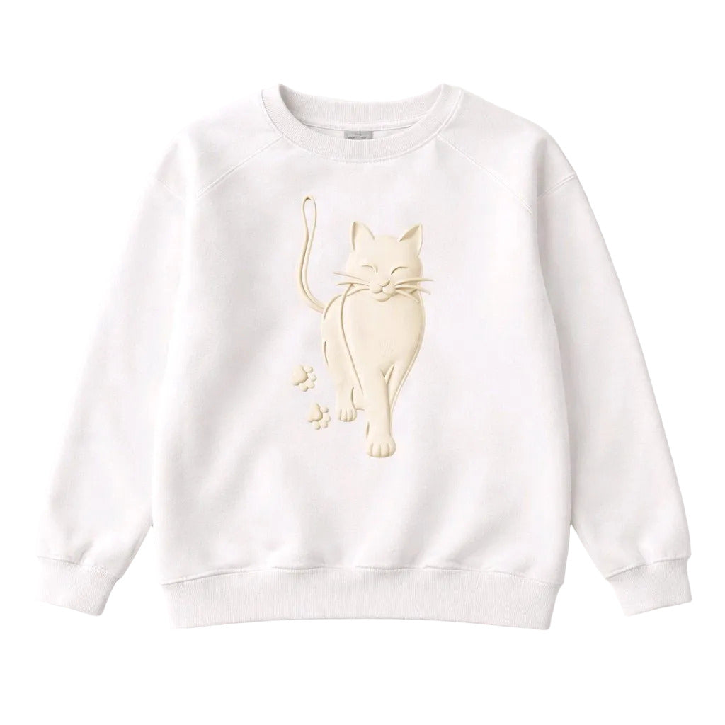 White sweatshirt with a cat design on a white background