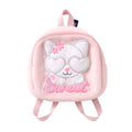 Pink backpack with a cat design and 'sweet' text on a white background