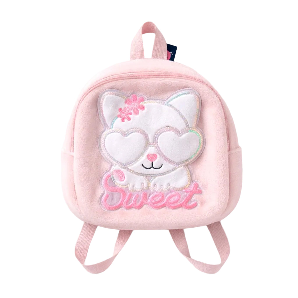 Pink backpack with a cat design and 'sweet' text on a white background