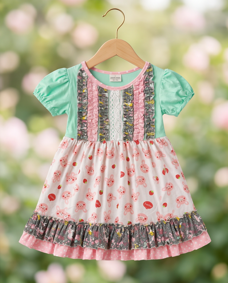 A toddler girl's short-sleeve dress hanging on a wooden hanger against a soft, blurred green and pink bokeh background. The dress features a mint green bodice with ruffles, a white skirt with pink bunny prints and red strawberry motifs, and a pink and gray patterned ruffled hem.