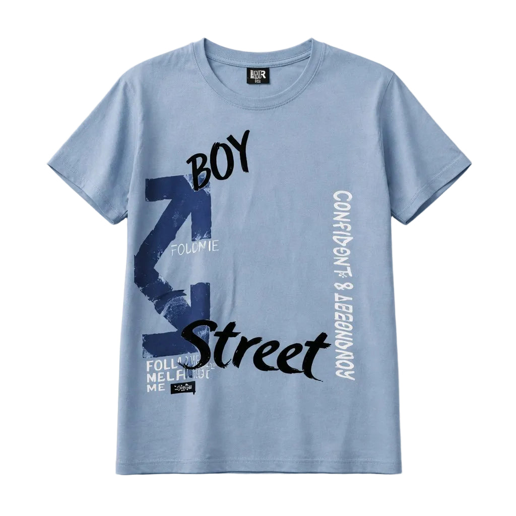 Blue t-shirt with graphic design and text on a white background