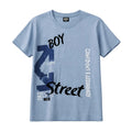 Blue t-shirt with graphic design and text on a white background