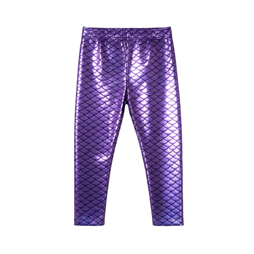 Purple fish-scale pattern leggings on a white background