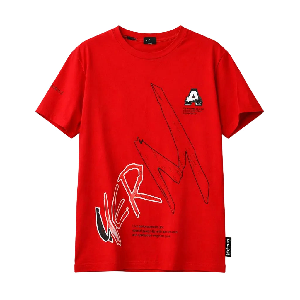 Red t-shirt with black and white graphics on a white background