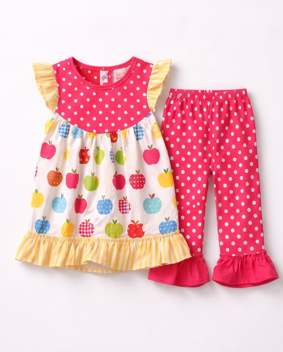 Children's outfit with polka dot top and apple-patterned dress on a white background