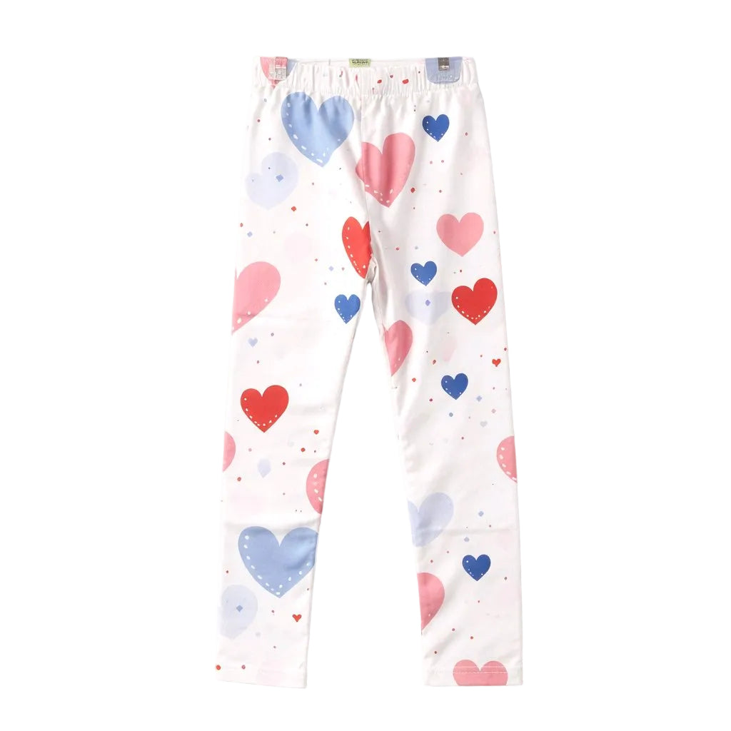White pants with colorful heart pattern on a white background