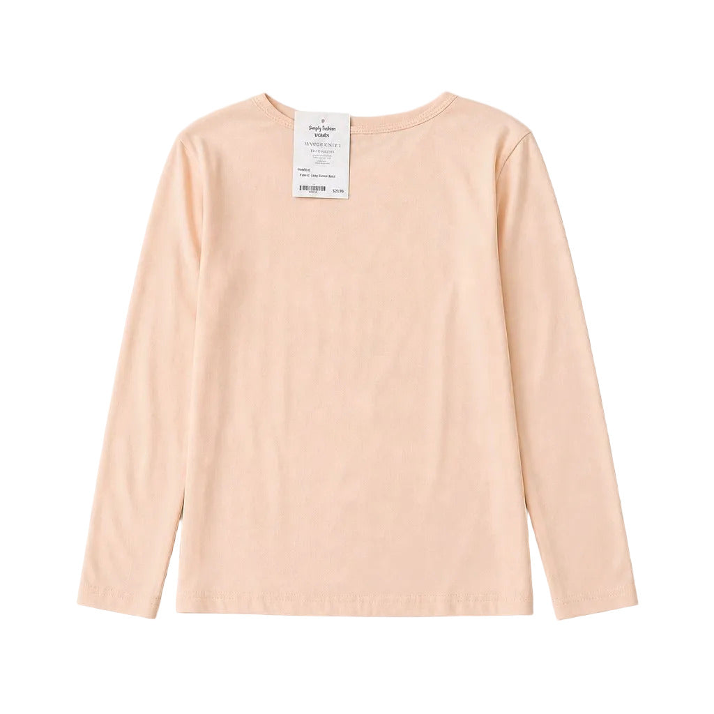 A light peach long-sleeve crewneck t-shirt with a white paper tag attached to the inside collar, laid flat on a neutral gray background.