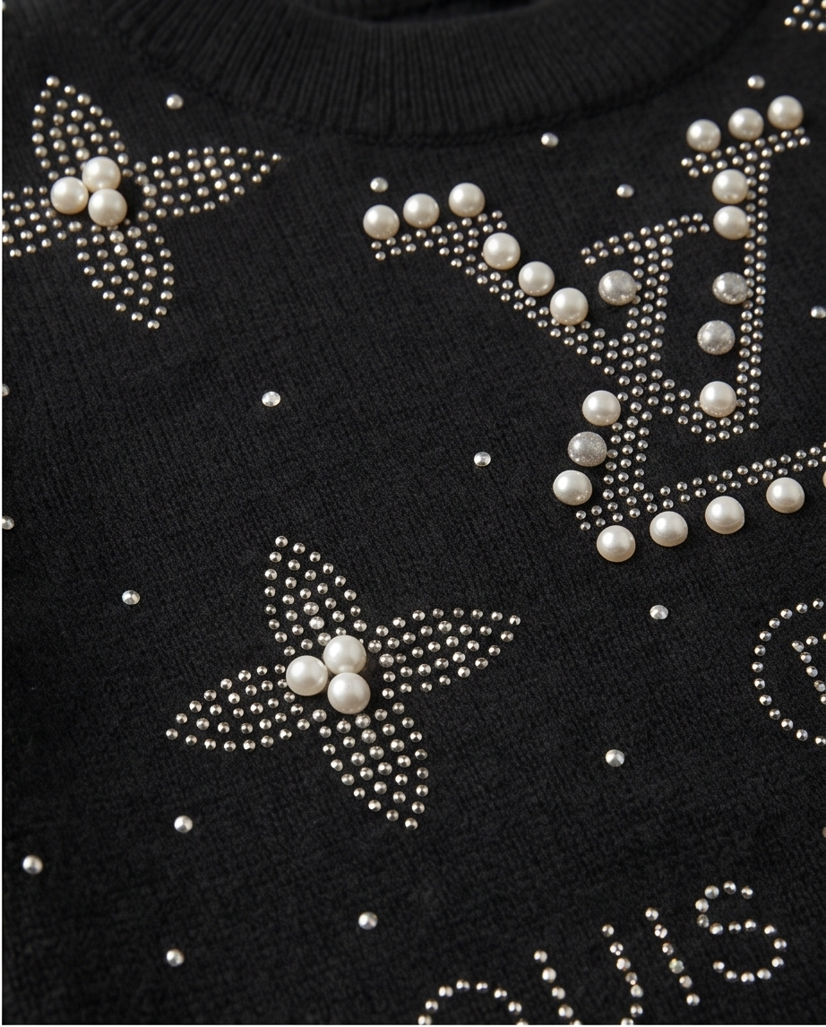 Close-up of a black knit sweater decorated with silver rhinestones and white faux pearls forming butterfly and monogram motifs.