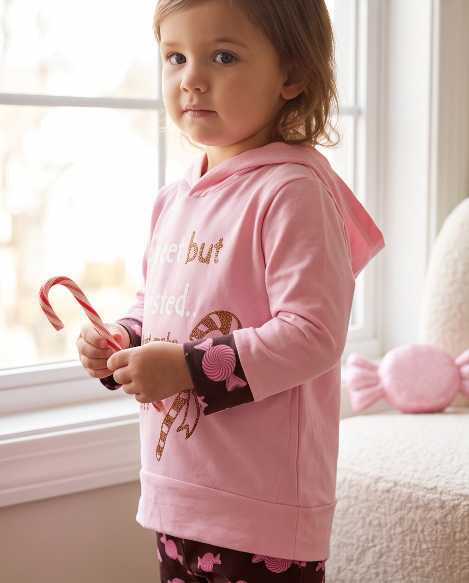 A toddler girl wearing a pink graphic hoodie and dark patterned pants stands by a window holding a candy cane. The hoodie has gold text and a brown candy cane graphic on the front.