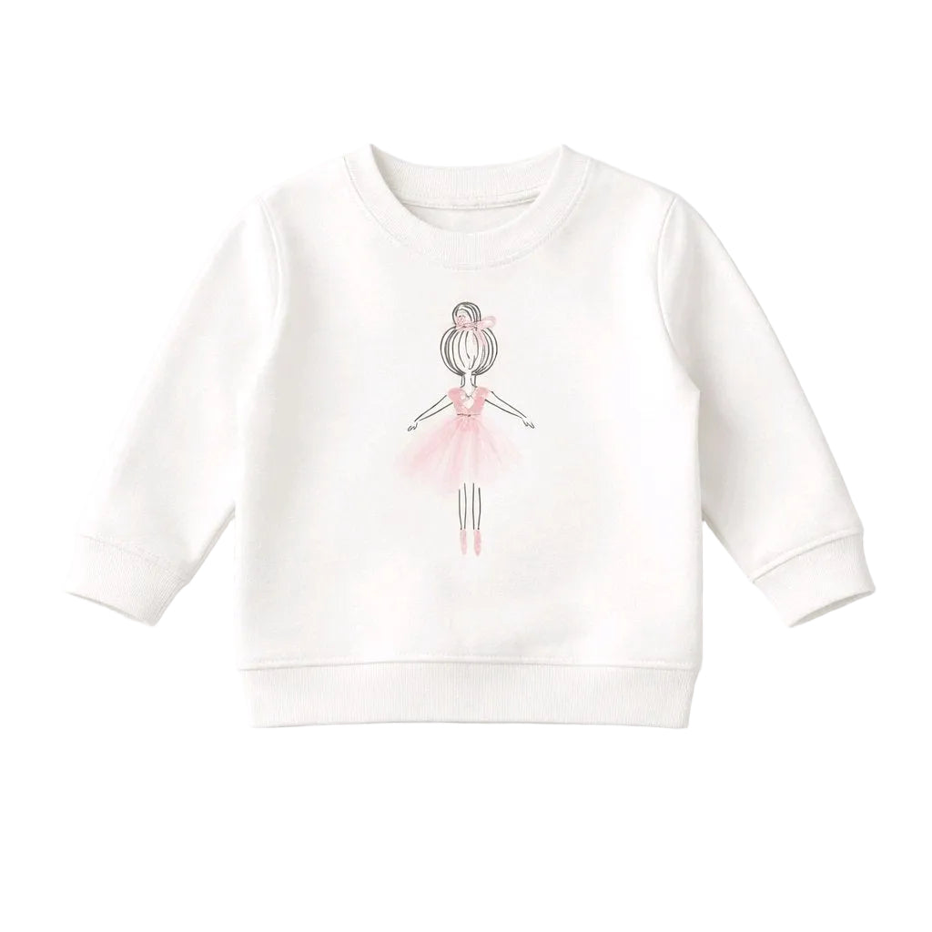 White sweatshirt with a ballerina design on a white background