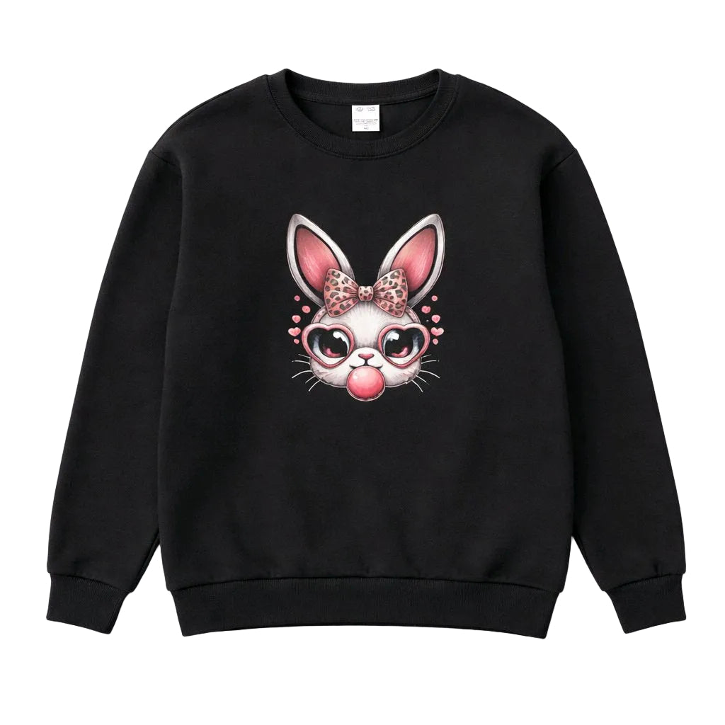 Black sweatshirt with a cartoon bunny face design on a white background