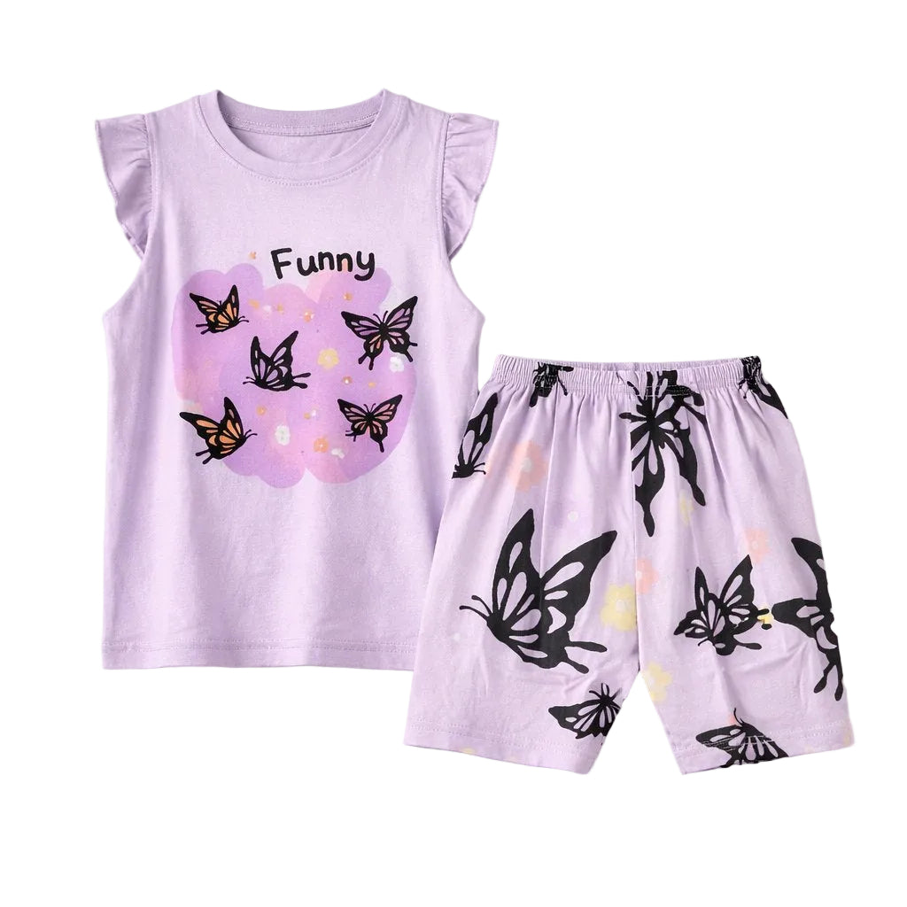 Children's outfit with purple top and shorts featuring butterfly designs on a white background