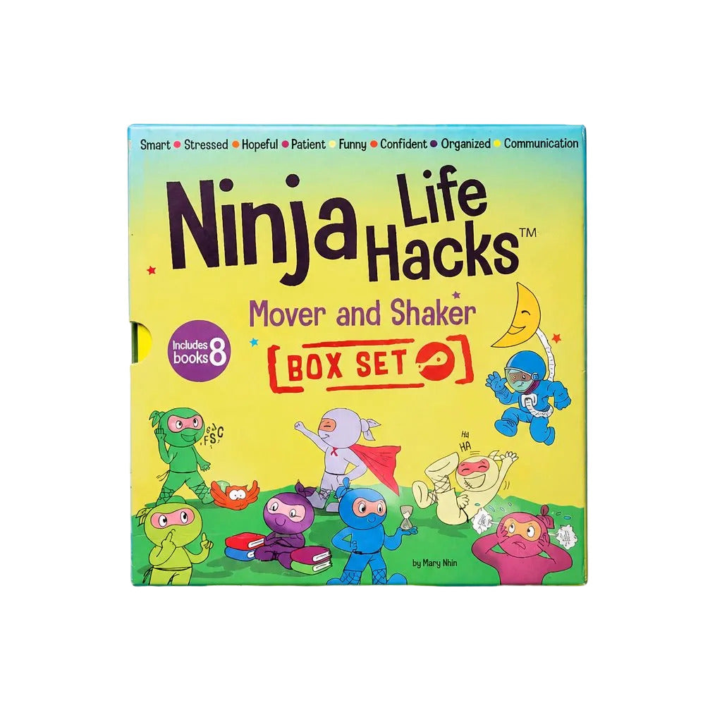 Ninja Life Hacks: Mover and Shaker Box Set book on a light gray background. The book cover features a bright yellow-to-green gradient with colorful cartoon ninja characters and bold black title text.