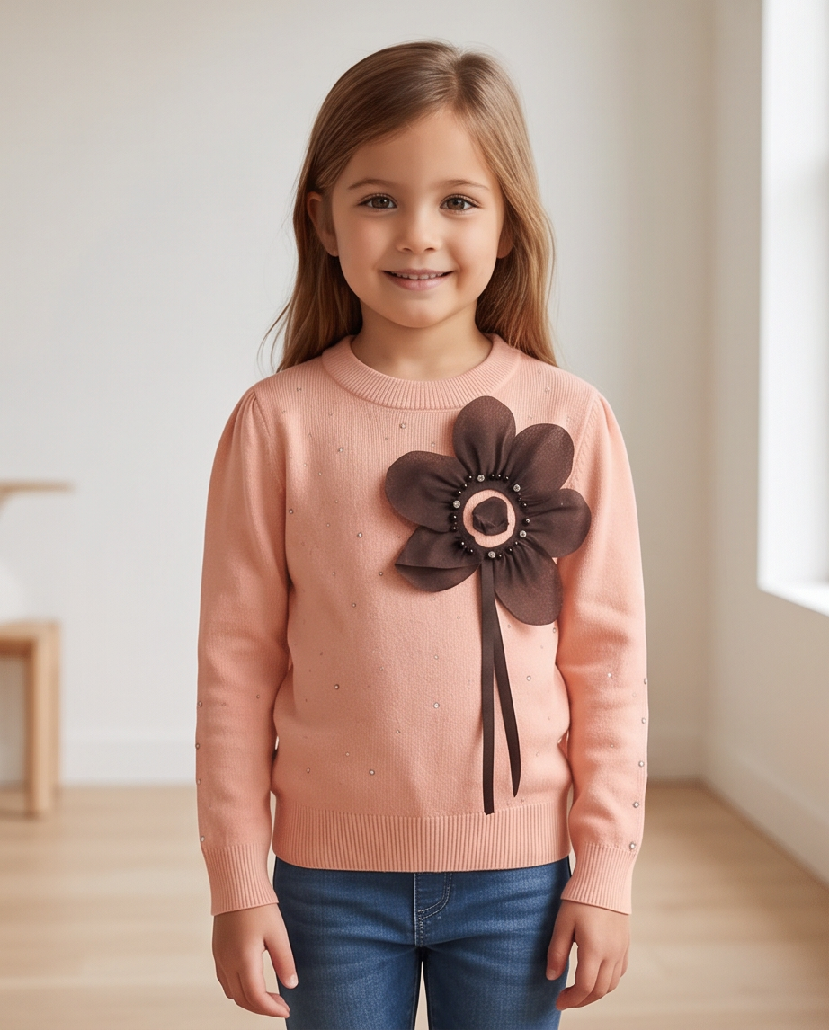 A young girl with light brown hair stands smiling, wearing a peach-pink long-sleeve knit sweater with a large dark brown fabric flower applique on the chest, paired with blue jeans.
