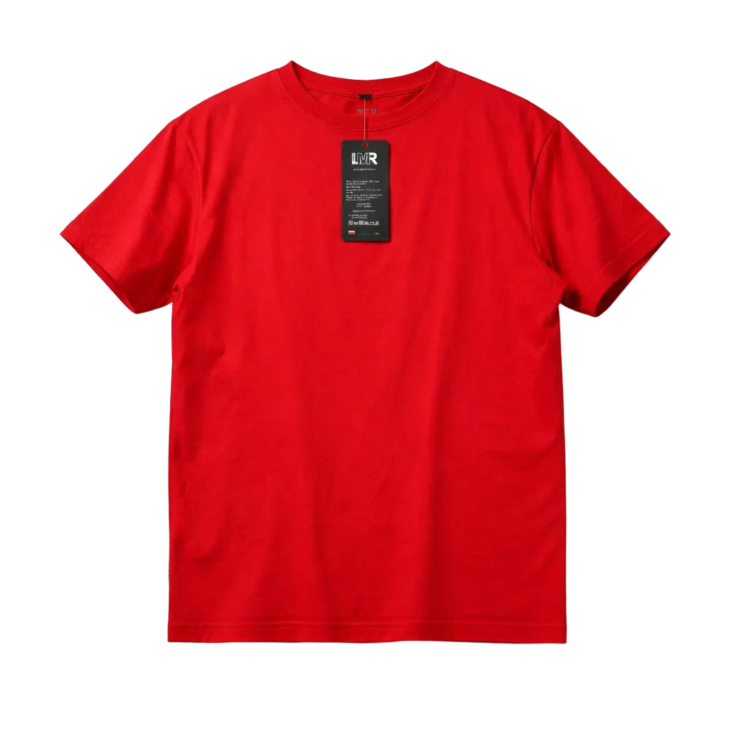 Red t-shirt with a tag on a white background