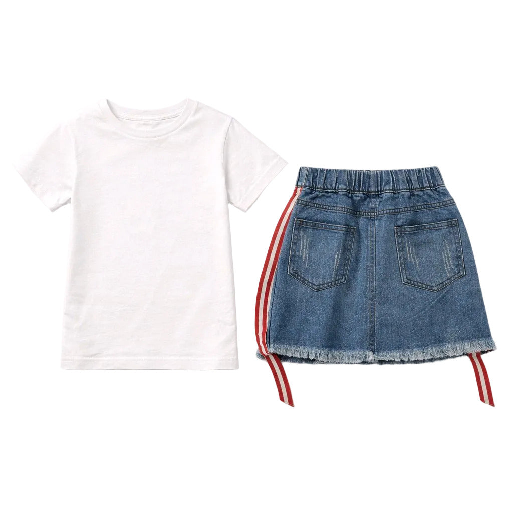 White t-shirt and denim skirt with red and white stripes on a white background