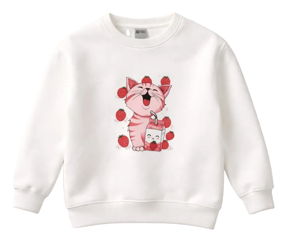 White sweatshirt with a cartoon cat design on a white background